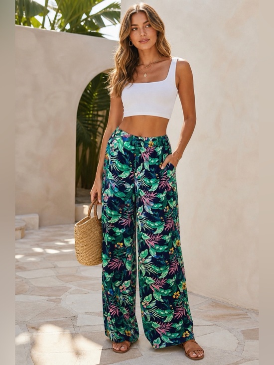 LOFT Pants - LOFT Tropical Wide Leg Pants XS Navy Floral Resort Boho Lounge Vacation